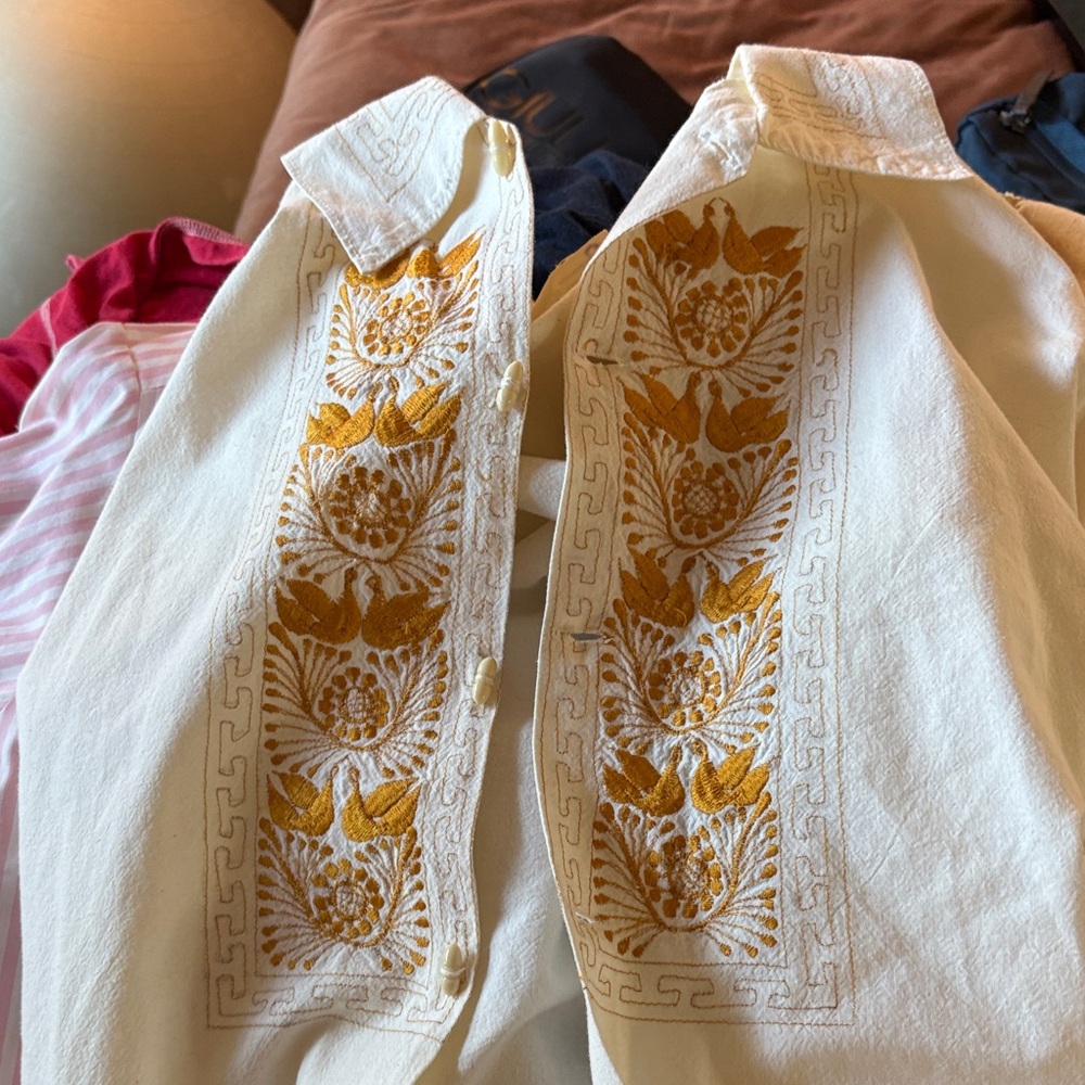 Cream and Gold Embroidered Shirt. Dress shirt. By ALTA CALIDAD. Made in Mexico.